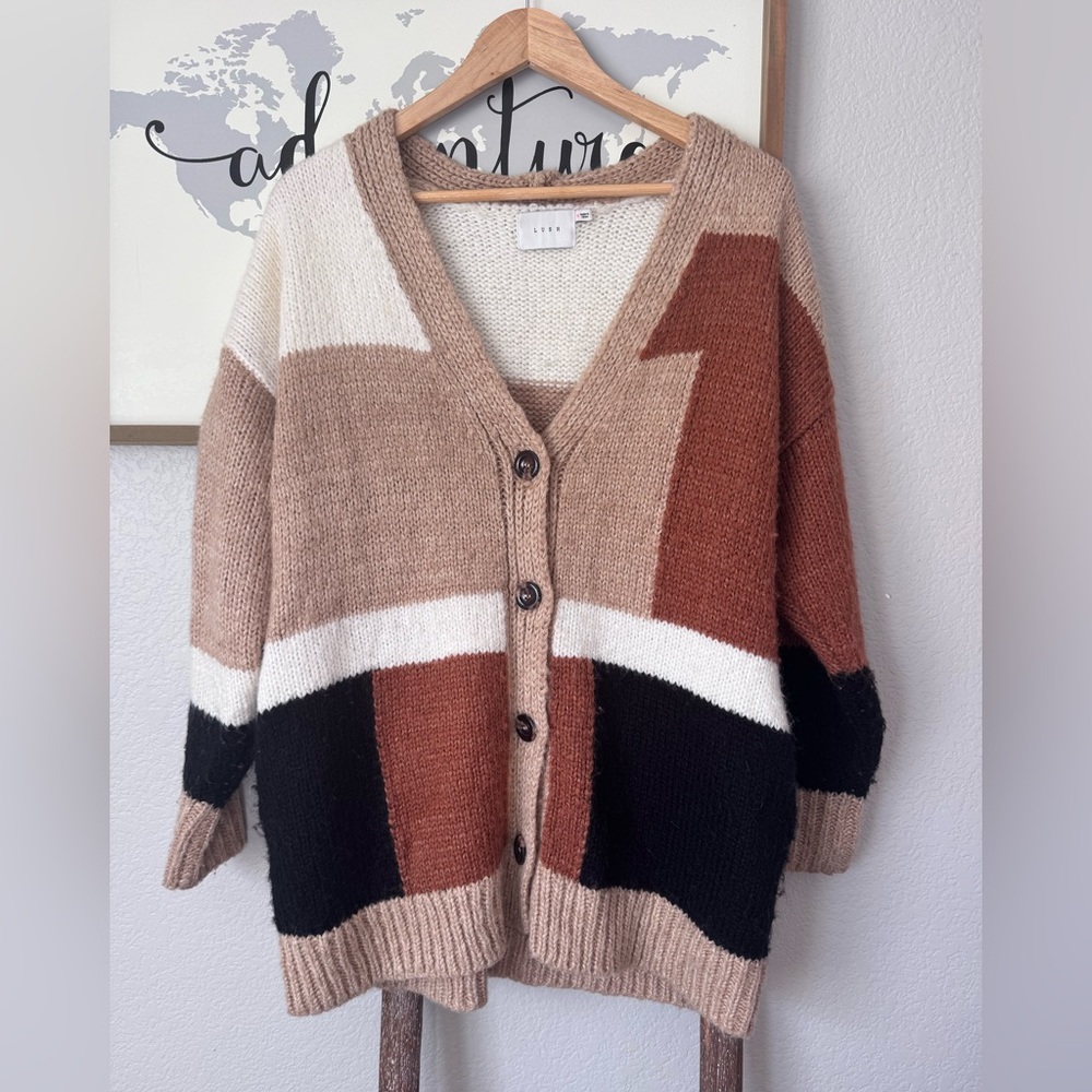Lush colorblock small sweater cardigan brown neutral cardigan